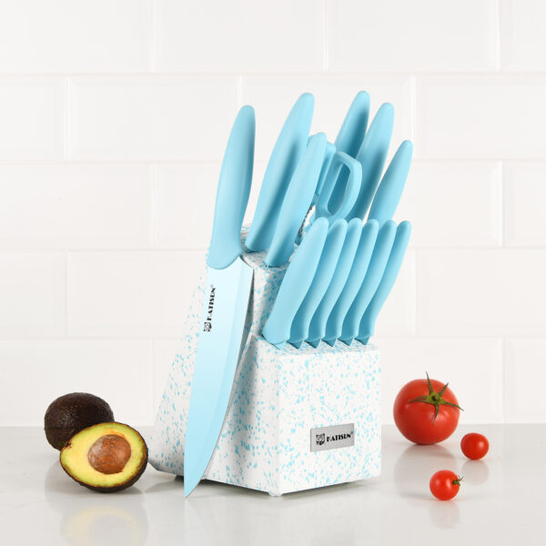 14 Pieces Blue Coding High Carbon Steel Blade, No Rust, and Super Sharp Knife Set with Wooden Stand and Kitchen Scissors