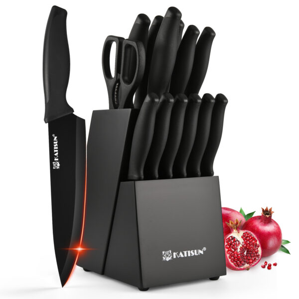 15-Piece Color Coded Kitchen Knife Set High Carbon Chef Knife Ergonomic Black Anti-Slip TPR Soft Handle and Inner Sharpener